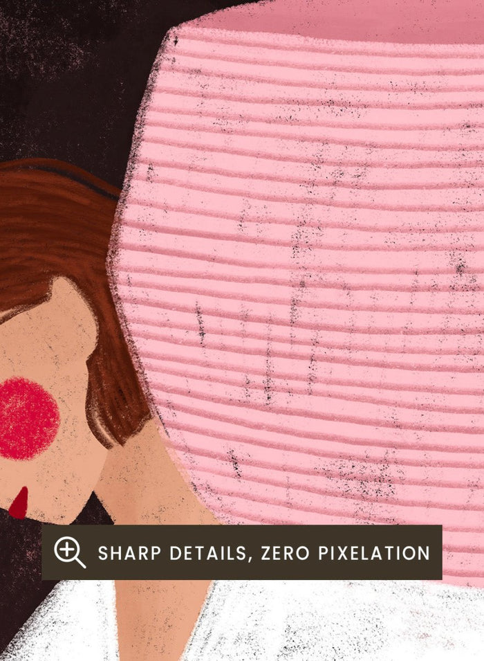 The Woman With the Pink Basket by Bea Müller is an officially licensed art print featuring a modern illustrated figure with soft color contrast and a calm, grounded feel. Available framed or unframed.