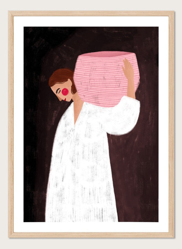 The Woman With the Pink Basket by Bea Müller is an officially licensed art print featuring a modern illustrated figure with soft color contrast and a calm, grounded feel. Available framed or unframed.