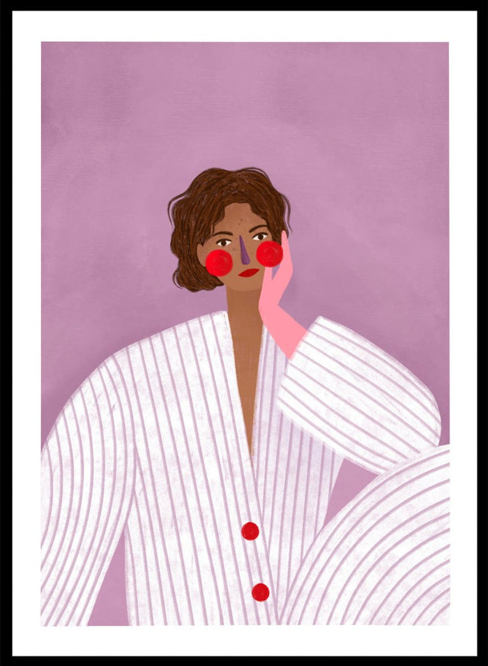 The Woman With the Pink Glove by Bea Müller is an officially licensed art print featuring a modern illustrated portrait in soft lavender tones. Available framed or unframed.
