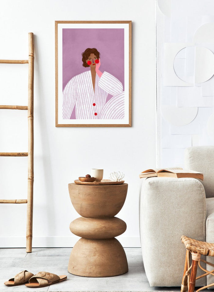 The Woman With the Pink Glove by Bea Müller is an officially licensed art print featuring a modern illustrated portrait in soft lavender tones. Available framed or unframed.