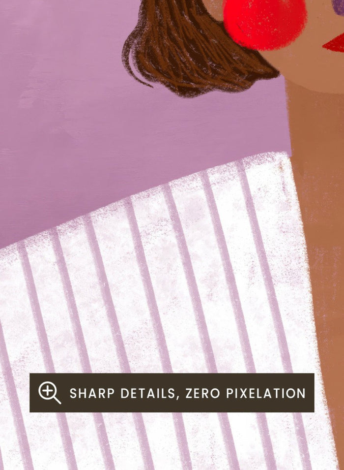 The Woman With the Pink Glove by Bea Müller is an officially licensed art print featuring a modern illustrated portrait in soft lavender tones. Available framed or unframed.