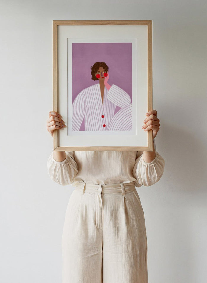 The Woman With the Pink Glove by Bea Müller is an officially licensed art print featuring a modern illustrated portrait in soft lavender tones. Available framed or unframed.