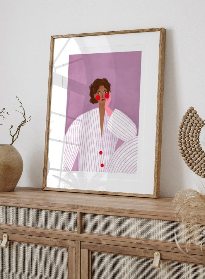 The Woman With the Pink Glove by Bea Müller is an officially licensed art print featuring a modern illustrated portrait in soft lavender tones. Available framed or unframed.