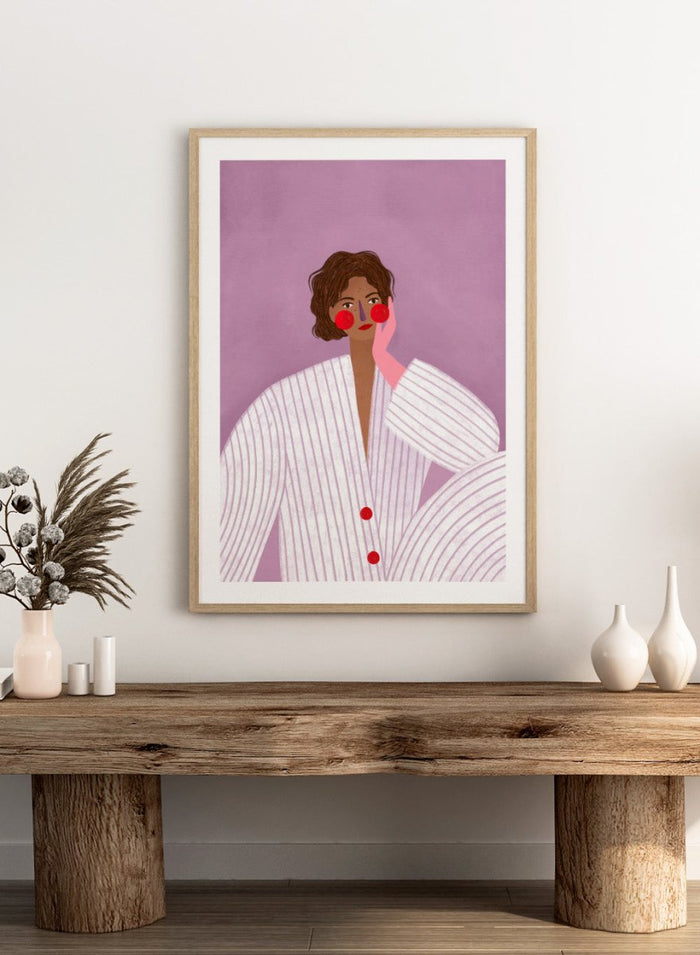 The Woman With the Pink Glove by Bea Müller is an officially licensed art print featuring a modern illustrated portrait in soft lavender tones. Available framed or unframed.
