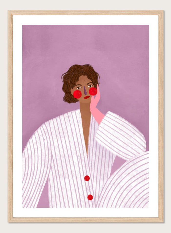 The Woman With the Pink Glove by Bea Müller is an officially licensed art print featuring a modern illustrated portrait in soft lavender tones. Available framed or unframed.
