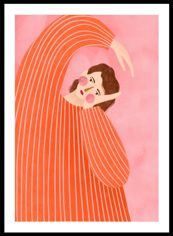 A framed art print featuring a stylized illustration of a woman in a flowing orange and white striped dress, posed in a graceful arch against a soft pink background. Thoughtful Girl in Stripes by Bea Müller premium framed fine art print featuring a woman in an oversized orange striped top against a soft pink background.