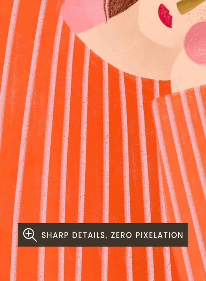 A framed art print featuring a stylized illustration of a woman in a flowing orange and white striped dress, posed in a graceful arch against a soft pink background. Thoughtful Girl in Stripes by Bea Müller premium framed fine art print featuring a woman in an oversized orange striped top against a soft pink background.