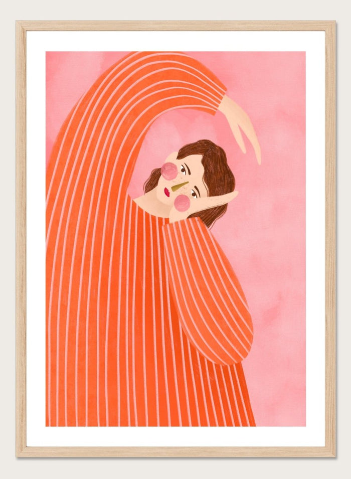 A framed art print featuring a stylized illustration of a woman in a flowing orange and white striped dress, posed in a graceful arch against a soft pink background. Thoughtful Girl in Stripes by Bea Müller premium framed fine art print featuring a woman in an oversized orange striped top against a soft pink background.