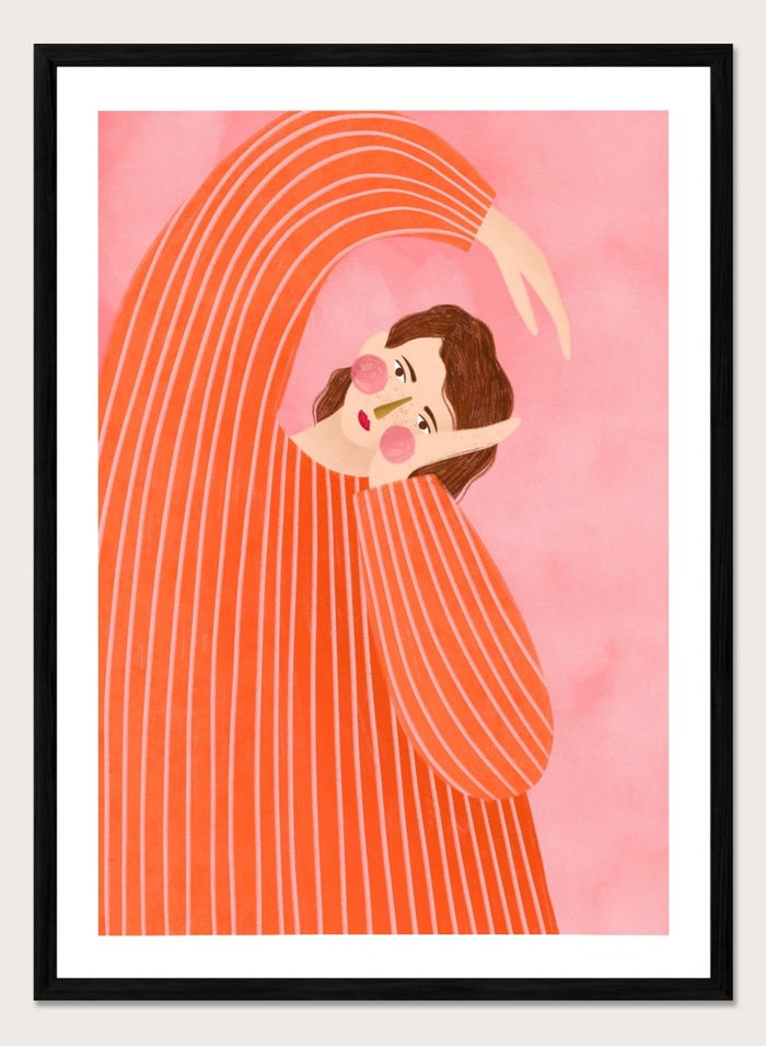 A framed art print featuring a stylized illustration of a woman in a flowing orange and white striped dress, posed in a graceful arch against a soft pink background. Thoughtful Girl in Stripes by Bea Müller premium framed fine art print featuring a woman in an oversized orange striped top against a soft pink background.