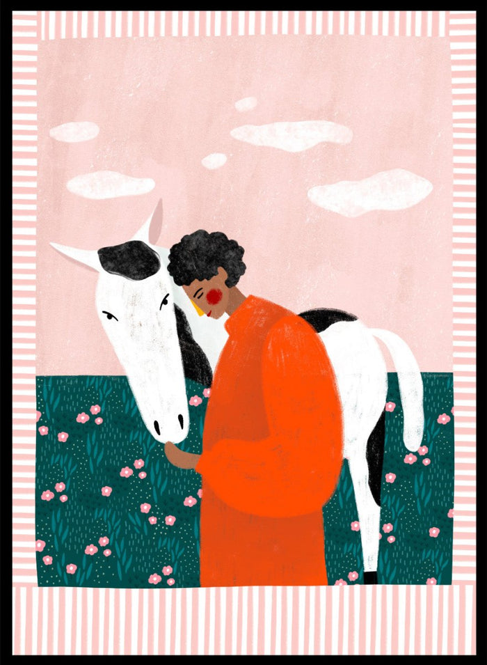 Illustration of a person in an orange outfit hugging a white horse against a pink background with clouds. Vibrant Girl and Horse by Bea Müller is a colorful girl and horse art print featuring modern expressive illustration. Officially licensed wall poster with optional framing.