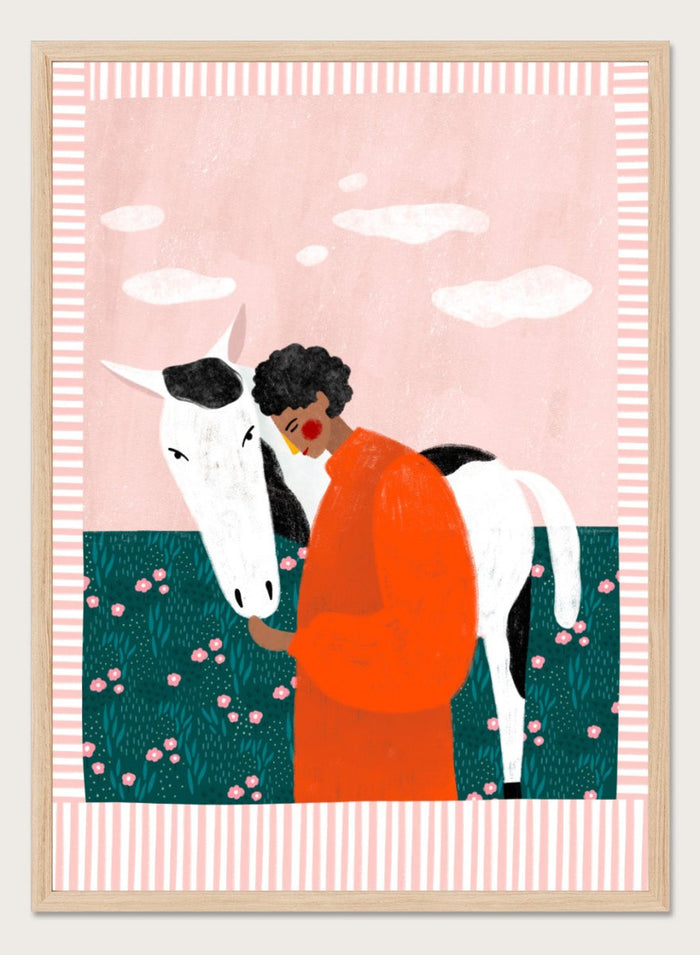Illustration of a person in an orange outfit hugging a white horse against a pink background with clouds. Vibrant Girl and Horse by Bea Müller is a colorful girl and horse art print featuring modern expressive illustration. Officially licensed wall poster with optional framing.
