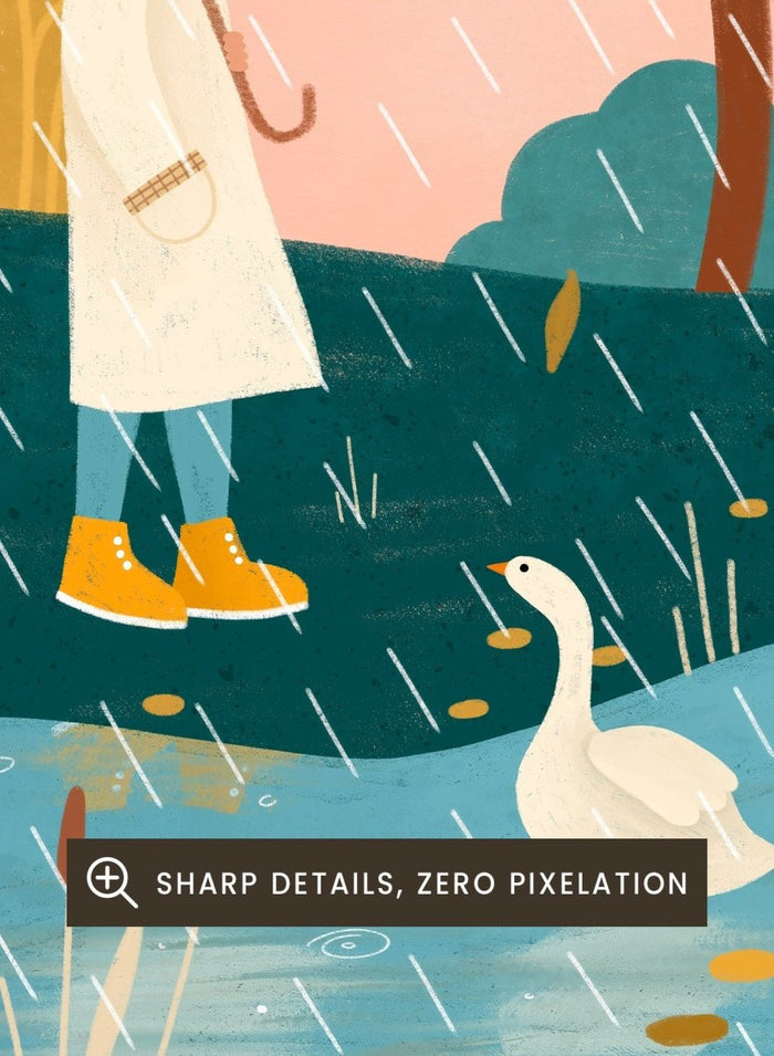 A framed art print featuring a whimsical illustration of a person holding a clear umbrella in the rain near a pond with a white goose, surrounded by stylized trees in teal, mustard, and orange tones. Walking In Autumn Rain by Bea Müller premium framed fine art print featuring a woman with an umbrella beside a pond in a colorful rainy landscape.