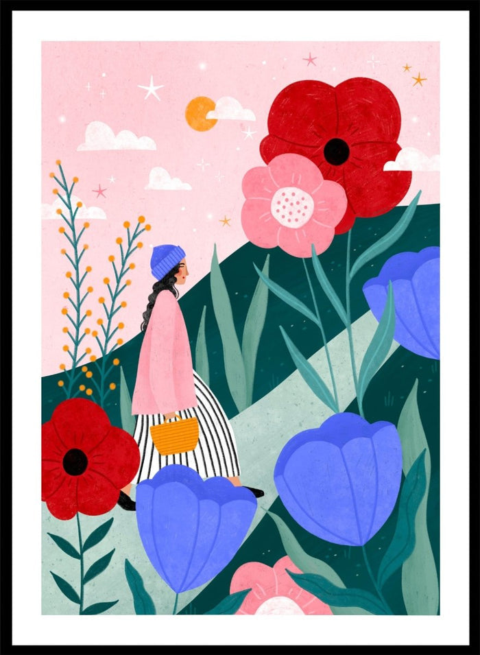 A framed art print featuring a whimsical, colorful illustration of a woman walking through a field of oversized flowers under a pink sky with moon. Whimsical Flower Path by Bea Müller premium fine art print featuring a woman walking among oversized flowers in a bright, playful landscape.