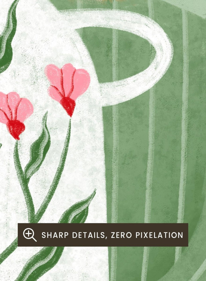 A framed art print featuring a stylized illustration of a woman with blonde hair holding a white apron decorated with pink flowers and green leaves, set against a sage green background. Woman Holding Flowers by Bea Müller premium framed fine art print featuring a woman carrying a white vase filled with pink flowers and green leaves.