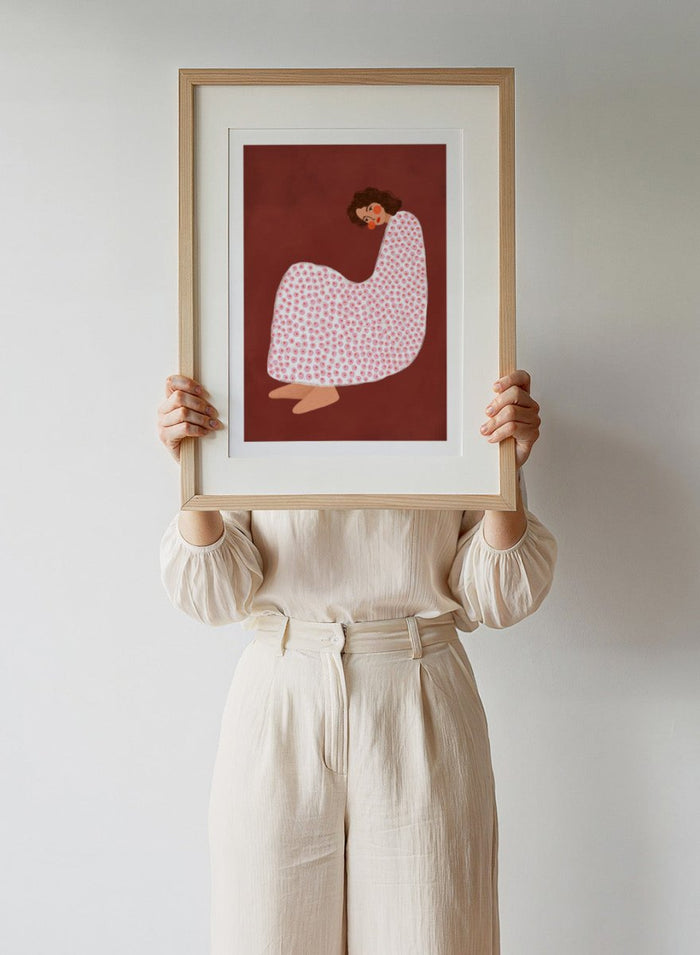 Woman in Polka Dot by Bea Müller is an officially licensed art print featuring a modern illustrated woman in a playful polka dot dress. Available framed or unframed.