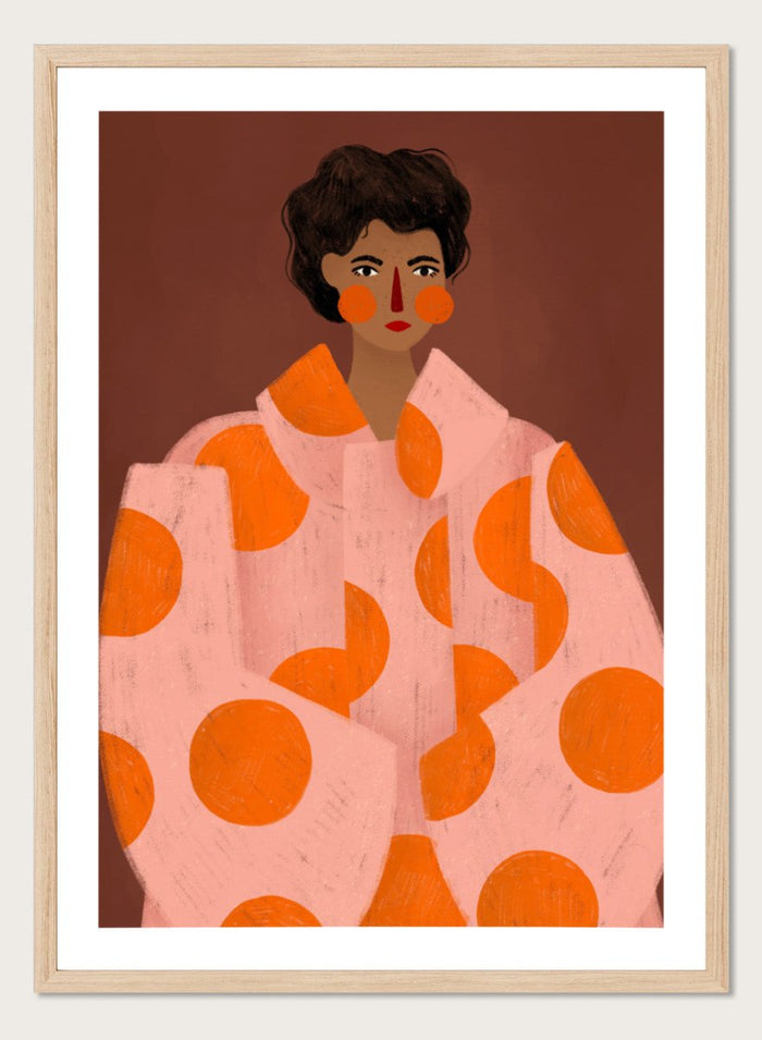 Woman With Orange Dots by Bea Müller is an officially licensed art print featuring a bold modern portrait with graphic color and pattern. Available framed or unframed.
