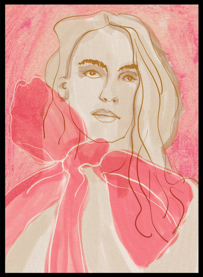 Artistic illustration of a woman with a pink bow tie on a pink background. Ethereal Red by Beate Tubach is a modern portrait art print featuring expressive linework and flowing red tones. A contemporary figurative wall poster.