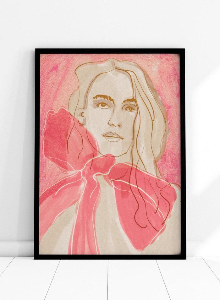 Artistic illustration of a woman with a pink bow tie on a pink background. Ethereal Red by Beate Tubach is a modern portrait art print featuring expressive linework and flowing red tones. A contemporary figurative wall poster.