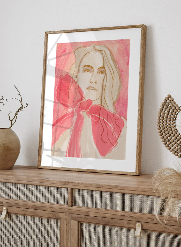 Artistic illustration of a woman with a pink bow tie on a pink background. Ethereal Red by Beate Tubach is a modern portrait art print featuring expressive linework and flowing red tones. A contemporary figurative wall poster.