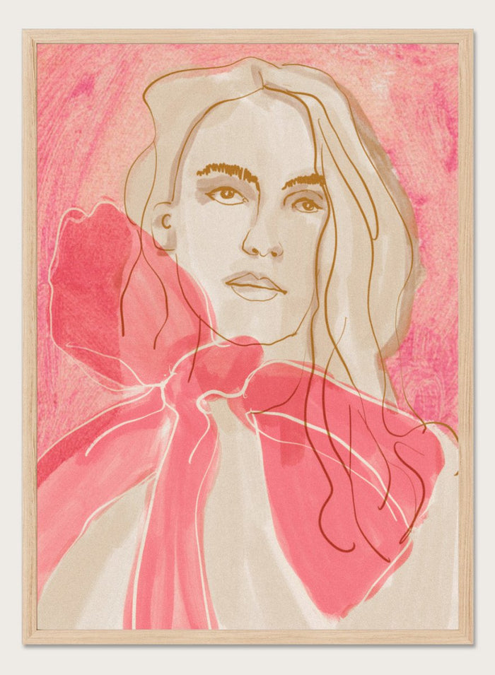 Artistic illustration of a woman with a pink bow tie on a pink background. Ethereal Red by Beate Tubach is a modern portrait art print featuring expressive linework and flowing red tones. A contemporary figurative wall poster.