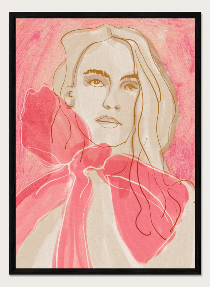 Artistic illustration of a woman with a pink bow tie on a pink background. Ethereal Red by Beate Tubach is a modern portrait art print featuring expressive linework and flowing red tones. A contemporary figurative wall poster.