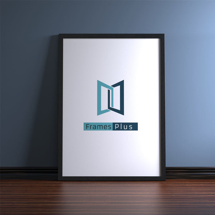Blok Range black picture and poster frame displaying Frames Plus logo in a modern interior setting.
