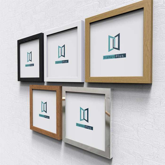 Five rustic picture and poster frames displayed on a wall with a clean, minimalist design.