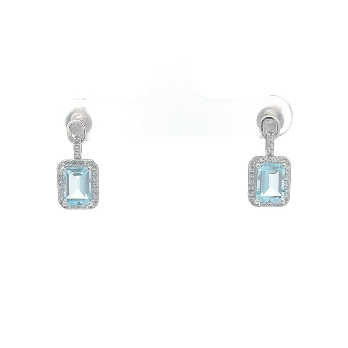 Blue Topaz Halo Drop Earrings in Sterling Silver