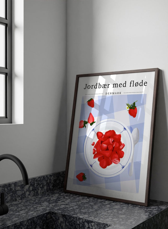 Illustration of strawberries with cream on a plate with a checkered tablecloth, featuring Danish text. Strawberries with Cream by ByKammille is a modern food art print featuring red strawberries in a bowl, clean graphic style with a fresh aesthetic poster design.