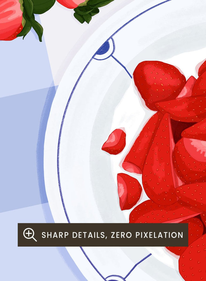 Illustration of strawberries with cream on a plate with a checkered tablecloth, featuring Danish text. Strawberries with Cream by ByKammille is a modern food art print featuring red strawberries in a bowl, clean graphic style with a fresh aesthetic poster design.