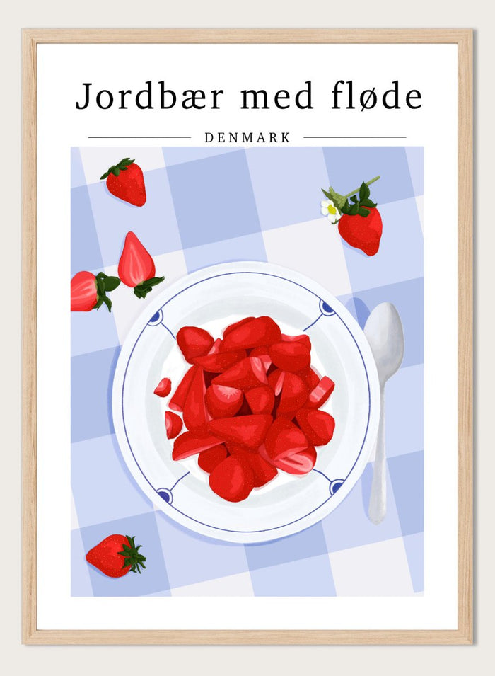 Illustration of strawberries with cream on a plate with a checkered tablecloth, featuring Danish text. Strawberries with Cream by ByKammille is a modern food art print featuring red strawberries in a bowl, clean graphic style with a fresh aesthetic poster design.