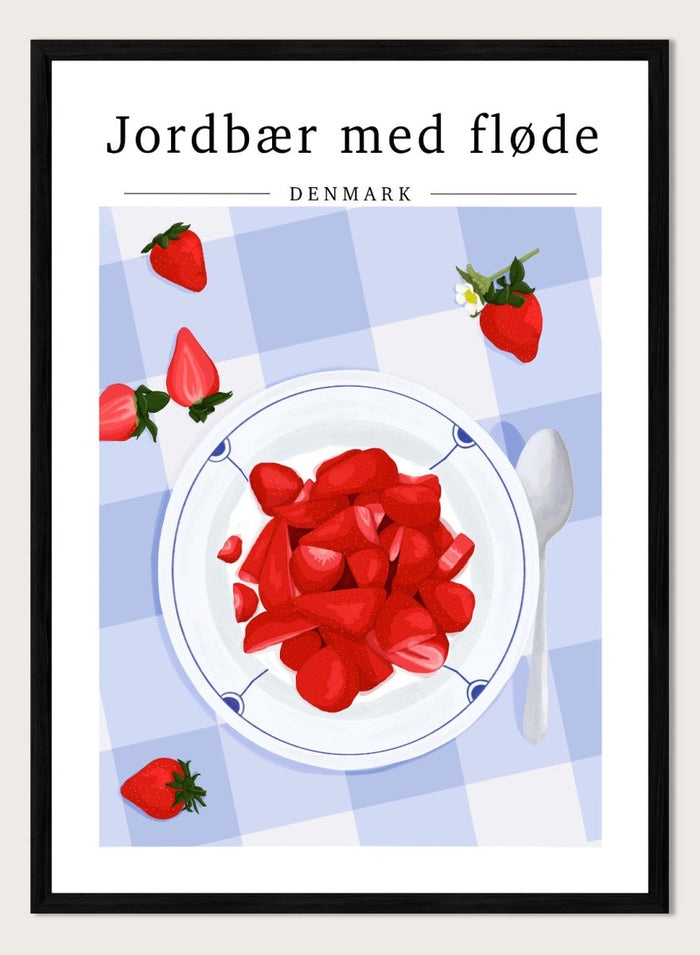 Illustration of strawberries with cream on a plate with a checkered tablecloth, featuring Danish text. Strawberries with Cream by ByKammille is a modern food art print featuring red strawberries in a bowl, clean graphic style with a fresh aesthetic poster design.