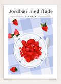 Illustration of strawberries with cream on a plate with a checkered tablecloth, featuring Danish text. Strawberries with Cream by ByKammille is a modern food art print featuring red strawberries in a bowl, clean graphic style with a fresh aesthetic poster design.