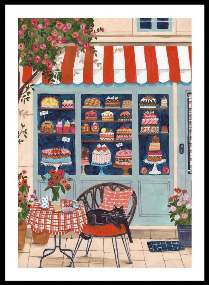 Illustration of a bakery with a cat sitting on a chair outside. Bakery Cat Cafe by Caroline Bonne Müller is a colorful bakery art print featuring cat illustration, pastry shop window, floral details, and modern aesthetic cafe scene.