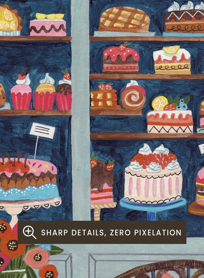 Illustration of a bakery with a cat sitting on a chair outside. Bakery Cat Cafe by Caroline Bonne Müller is a colorful bakery art print featuring cat illustration, pastry shop window, floral details, and modern aesthetic cafe scene.