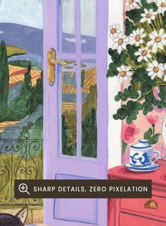 Cat lounging on a striped bed with a view of a garden through open doors, surrounded by flowers and decorative items. Black Cat on Bed French Doors Garden View by Caroline Bonne Müller is a colorful interior art print featuring cat illustration, floral room, and scenic garden view in a modern aesthetic style.