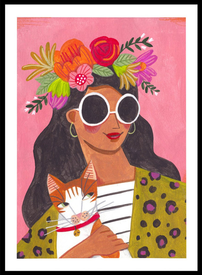 Illustration of a woman with a floral headpiece and sunglasses on a pink background. Cat Lady by Caroline Bonne Müller is a fine art print and wall poster of a woman holding a cat with bold color, floral crown, and modern aesthetic style.