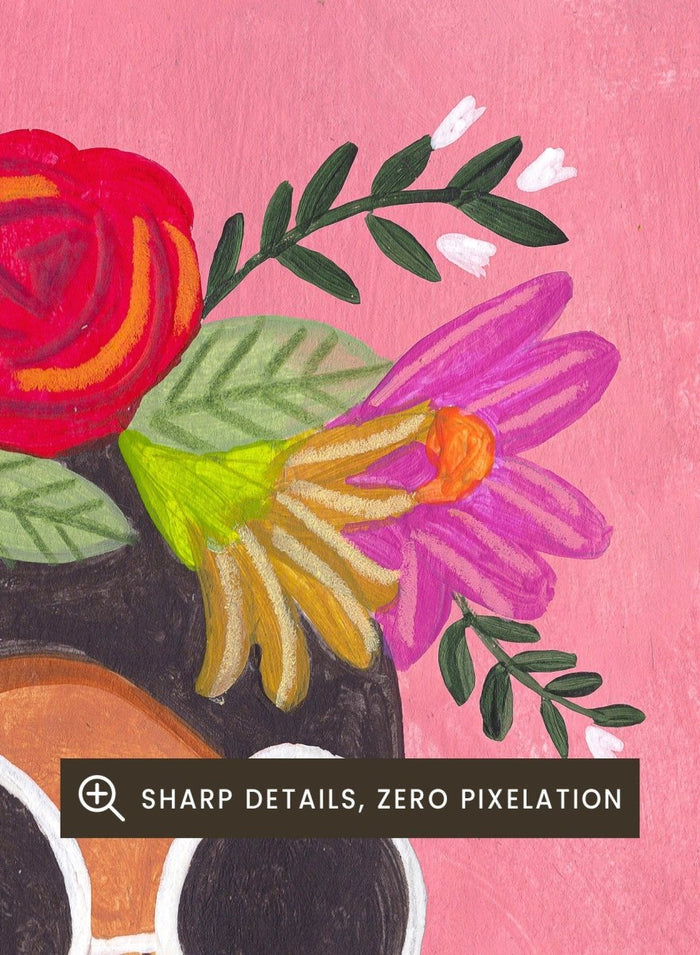 Illustration of a woman with a floral headpiece and sunglasses on a pink background. Cat Lady by Caroline Bonne Müller is a fine art print and wall poster of a woman holding a cat with bold color, floral crown, and modern aesthetic style.
