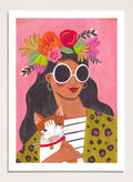 Illustration of a woman with a floral headpiece and sunglasses on a pink background. Cat Lady by Caroline Bonne Müller is a fine art print and wall poster of a woman holding a cat with bold color, floral crown, and modern aesthetic style.