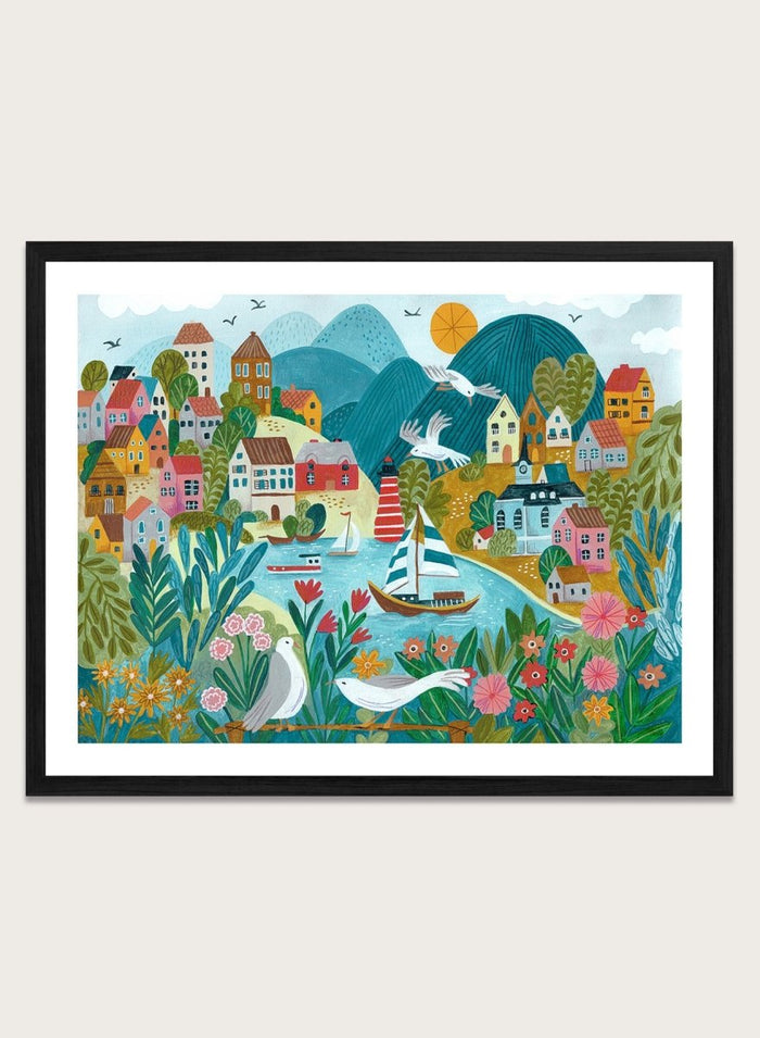 Coastal Village by Caroline Bonne Müller is a colorful coastal town art print with boats, lighthouse, and floral foreground in modern aesthetic illustration style.