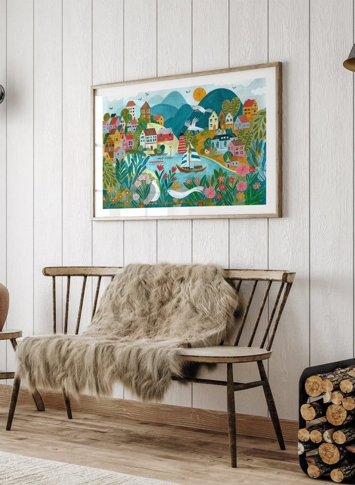 Coastal Village by Caroline Bonne Müller is a colorful coastal town art print with boats, lighthouse, and floral foreground in modern aesthetic illustration style.