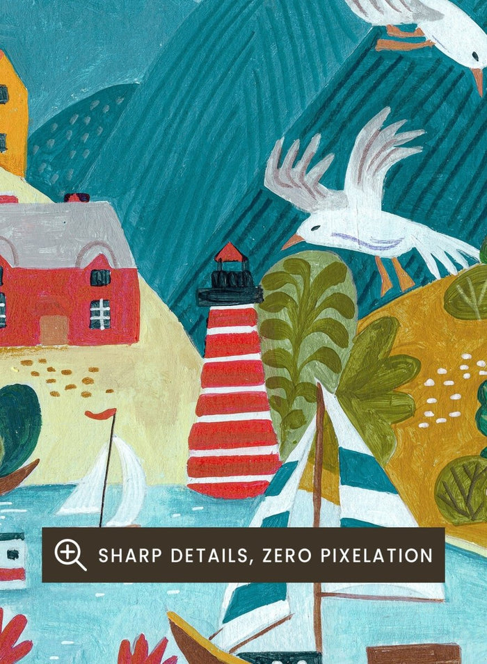 Coastal Village by Caroline Bonne Müller is a colorful coastal town art print with boats, lighthouse, and floral foreground in modern aesthetic illustration style.