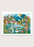 Coastal Village by Caroline Bonne Müller is a colorful coastal town art print with boats, lighthouse, and floral foreground in modern aesthetic illustration style.