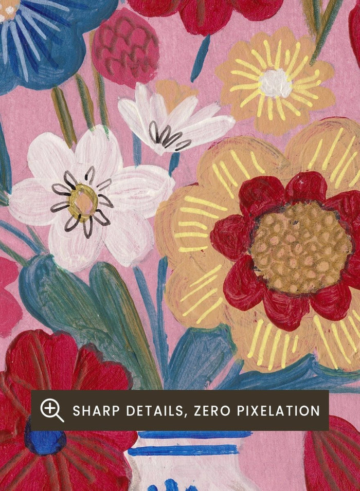 Colorful floral arrangement in a blue and white vase on a pink and blue striped background. Colorful Folk Art Bouquet by Caroline Bonne Müller is a fine art print and wall poster featuring a bright floral arrangement in a patterned vase.