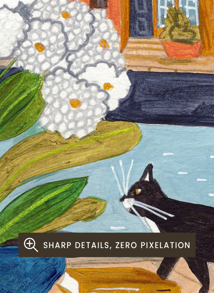 Illustration of a woman on a boat with flowers and a cat, surrounded by colorful houses. Cozy Canal Reading by Caroline Bonne Müller is a fine art print and wall poster featuring a woman reading on a canal boat with colorful European buildings in the background.