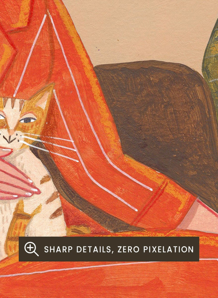 Illustration of a woman in an orange outfit sitting in a chair with plants around her. Cozy Home with Cat by Caroline Bonne Müller is a fine art print and wall poster featuring a woman in an orange outfit sitting with a cat in a warm, plant-filled interior.