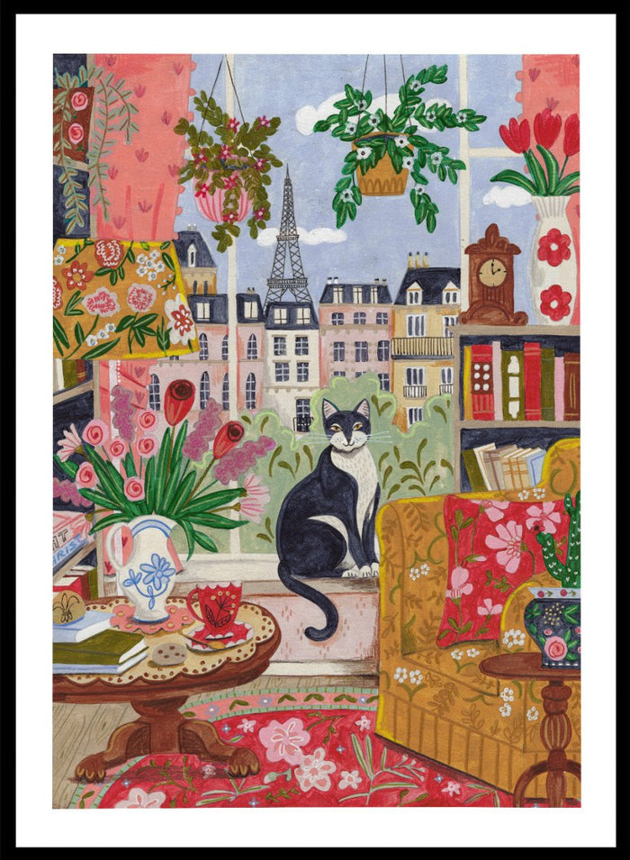 Colorful illustration of a living room with a cat, flowers, and a cityscape. Cozy Parisian Window Cat by Caroline Bonne Müller is a fine art print and wall poster of a cat by a window with Paris view and colorful interior.