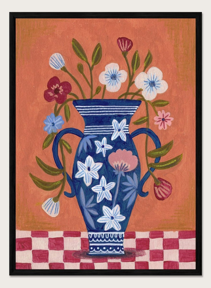 Decorative painting of a blue vase with floral patterns on a checkered floor against an orange wall. Folk Art Flower Vase by Caroline Bonne Müller is a fine art print and wall poster featuring a blue floral vase with colorful flowers on a checkered table.