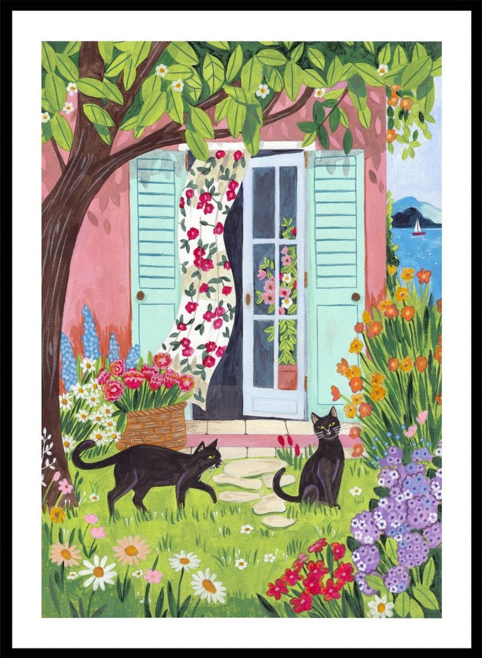 Garden Cats by the Sea by Caroline Bonne Müller is a colorful coastal garden art print featuring cats, florals, and seaside home in a modern aesthetic illustration style.