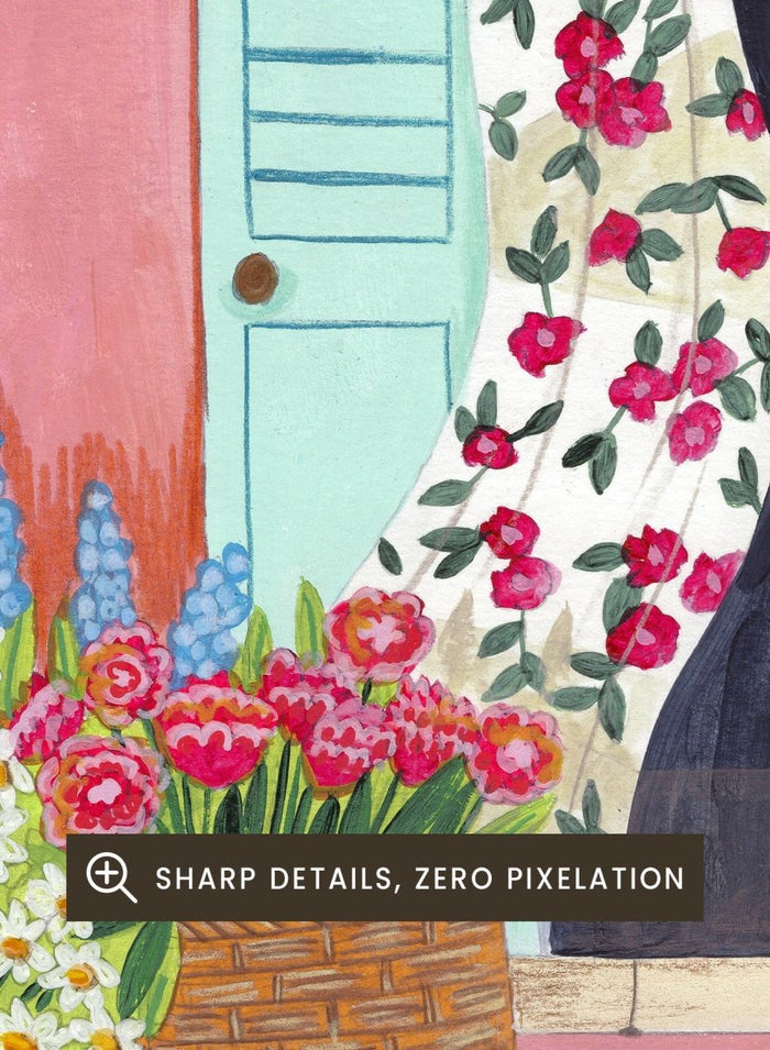 Garden Cats by the Sea by Caroline Bonne Müller is a colorful coastal garden art print featuring cats, florals, and seaside home in a modern aesthetic illustration style.